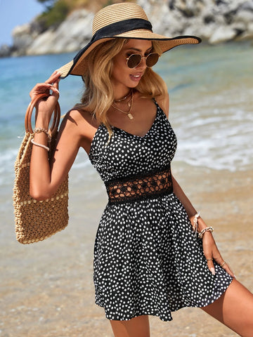 Ditsy Floral Print Guipure Lace Insert Cami Romper
