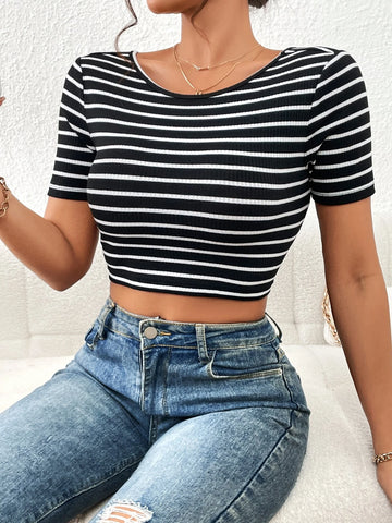 Unity Striped Print Tie Backless Crop Tee