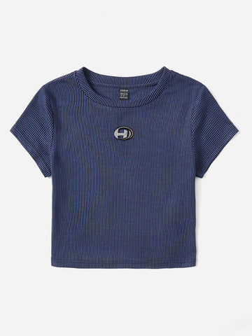 EZwear Letter Patched Detail Ribbed Knit Crop Tee