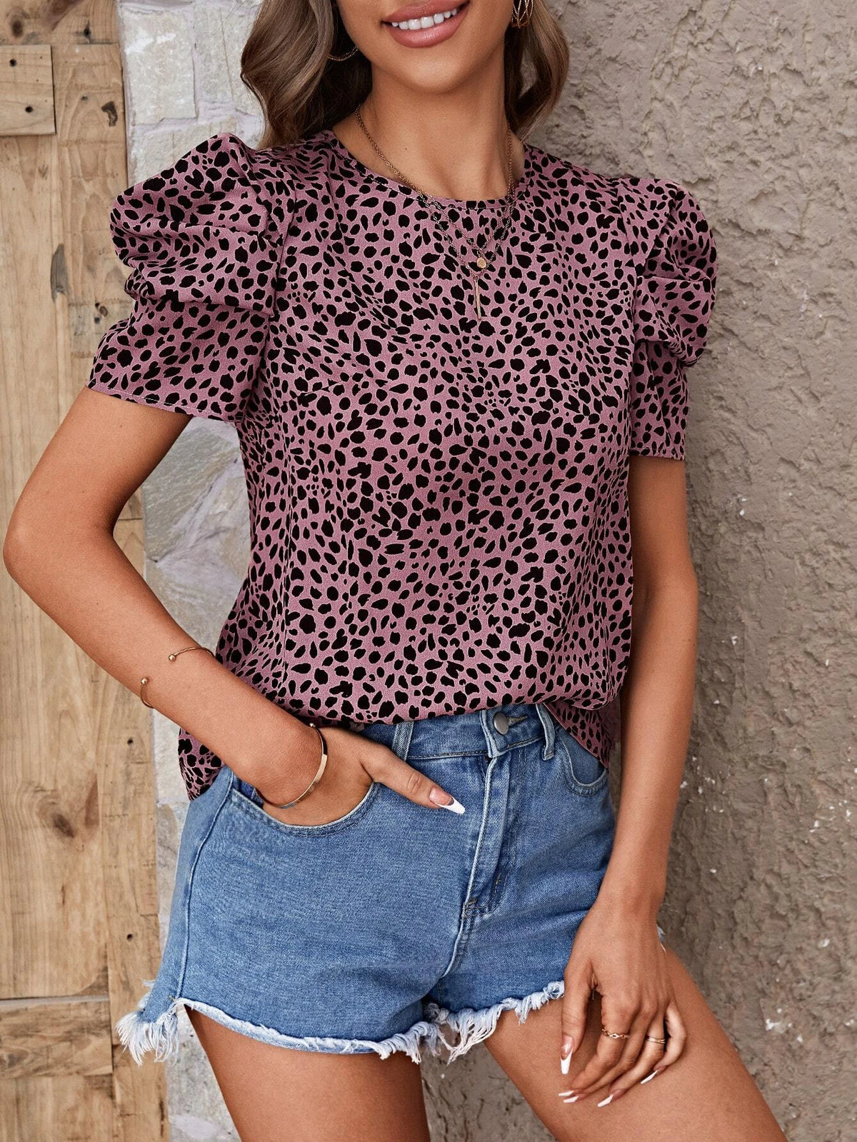 EMERY ROSE Allover Print Puff Sleeve Blouse