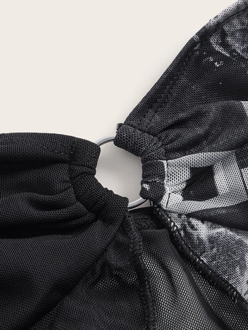 Eye Print Asymmetrical Hem Mesh Tube Top & Bodycon Skirt