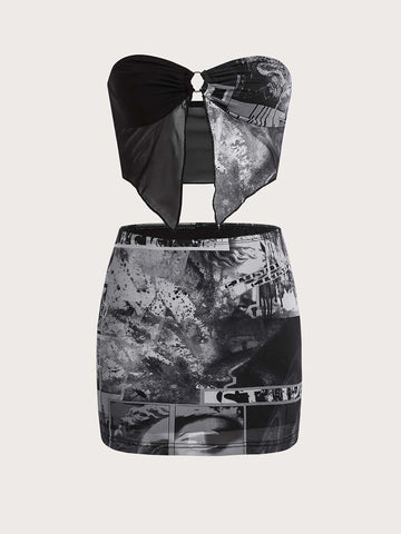 Eye Print Asymmetrical Hem Mesh Tube Top & Bodycon Skirt