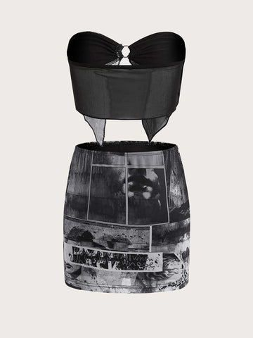 Eye Print Asymmetrical Hem Mesh Tube Top & Bodycon Skirt