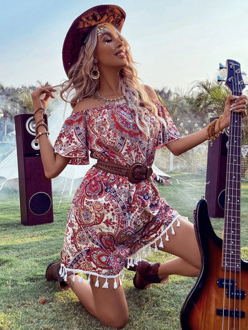 Paisley Print Off Shoulder Tassel Hem Romper