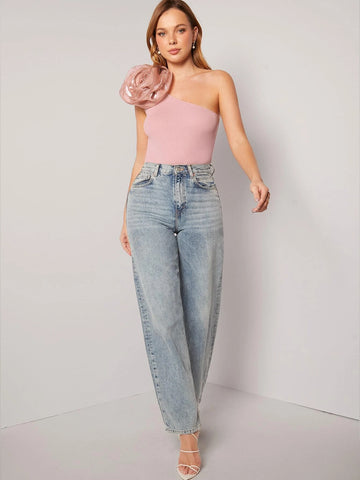 One Shoulder Stereo Flower Detail Bodysuit