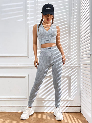 Letter Patched Detail Crop Tank Top & Leggings