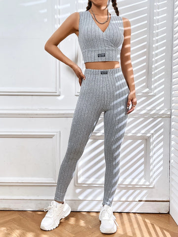 Letter Patched Detail Crop Tank Top & Leggings