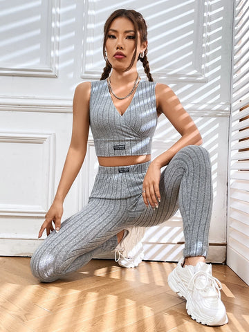 Letter Patched Detail Crop Tank Top & Leggings