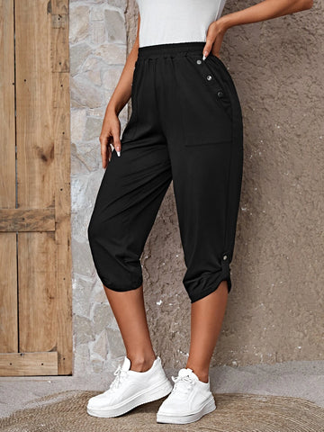 EMERY ROSE Solid Button Detail Roll Up Hem Capri Pants