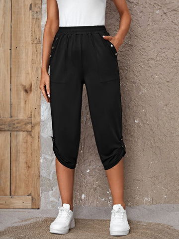 EMERY ROSE Solid Button Detail Roll Up Hem Capri Pants