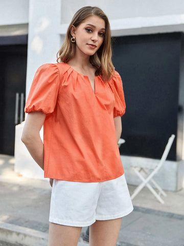 BIZwear Notched Neck Puff Sleeve Blouse