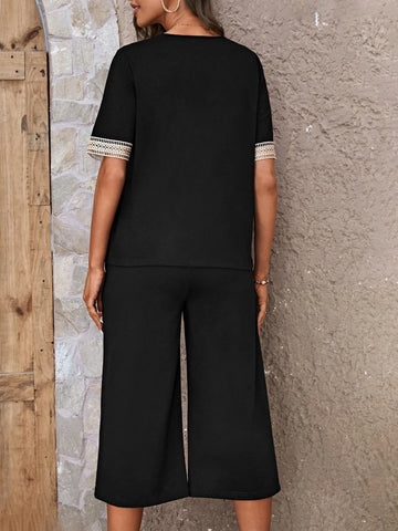 Contrast Applique Tee & Tie Front Pants