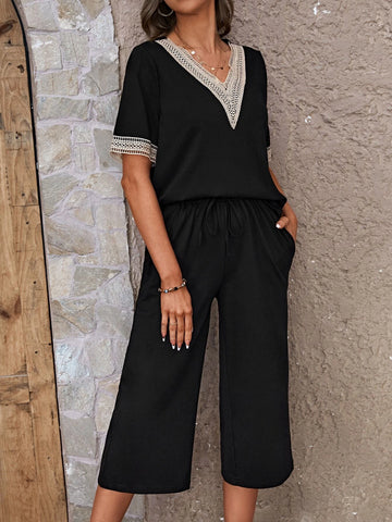 Contrast Applique Tee & Tie Front Pants