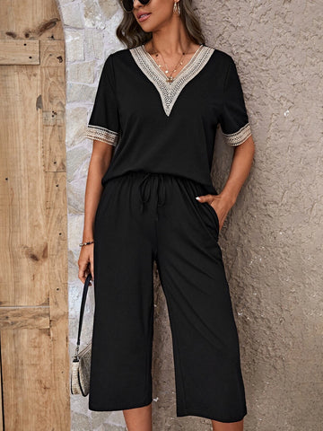 Contrast Applique Tee & Tie Front Pants