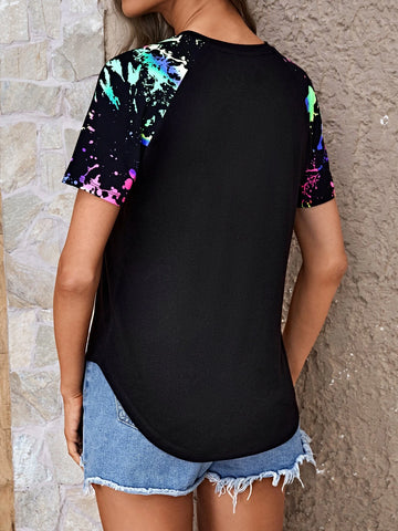 EMERY ROSE Reflective Splash Ink Print Raglan Sleeve Curved Hem Tee