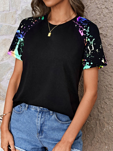 EMERY ROSE Reflective Splash Ink Print Raglan Sleeve Curved Hem Tee