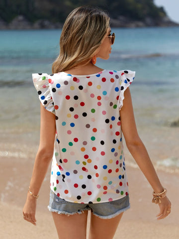 EMERY ROSE Polka Dot Print Notched Neckline Butterfly Sleeve Blouse