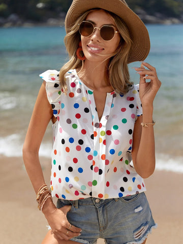 EMERY ROSE Polka Dot Print Notched Neckline Butterfly Sleeve Blouse