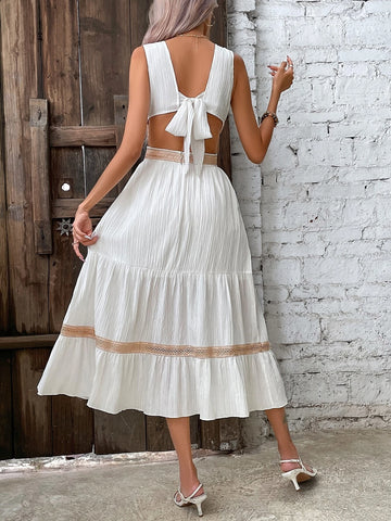 Guipure Lace Insert Cut Out Waist Ruffle Hem Dress