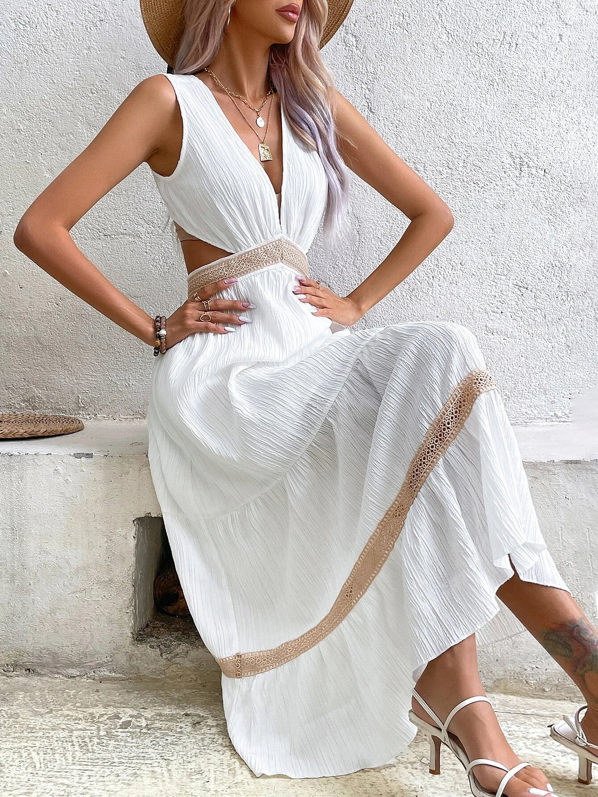 Guipure Lace Insert Cut Out Waist Ruffle Hem Dress
