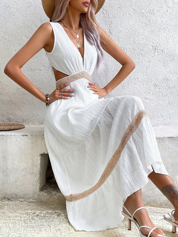 Guipure Lace Insert Cut Out Waist Ruffle Hem Dress