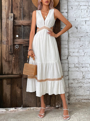Guipure Lace Insert Cut Out Waist Ruffle Hem Dress