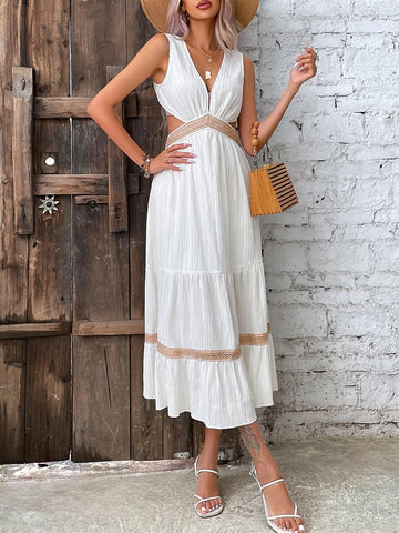 Guipure Lace Insert Cut Out Waist Ruffle Hem Dress
