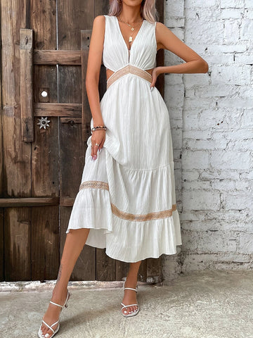Guipure Lace Insert Cut Out Waist Ruffle Hem Dress