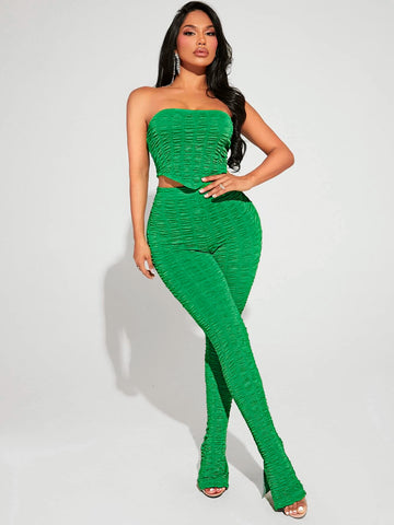 Solid Shirred Tube Top & Split Hem Pants