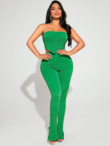 Solid Shirred Tube Top & Split Hem Pants