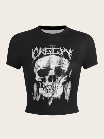 EZwear Skull & Letter Graphic Crop Tee
