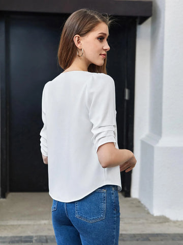 BIZwear Solid Notched Neck Puff Sleeve Blouse