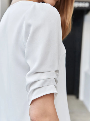 BIZwear Solid Notched Neck Puff Sleeve Blouse