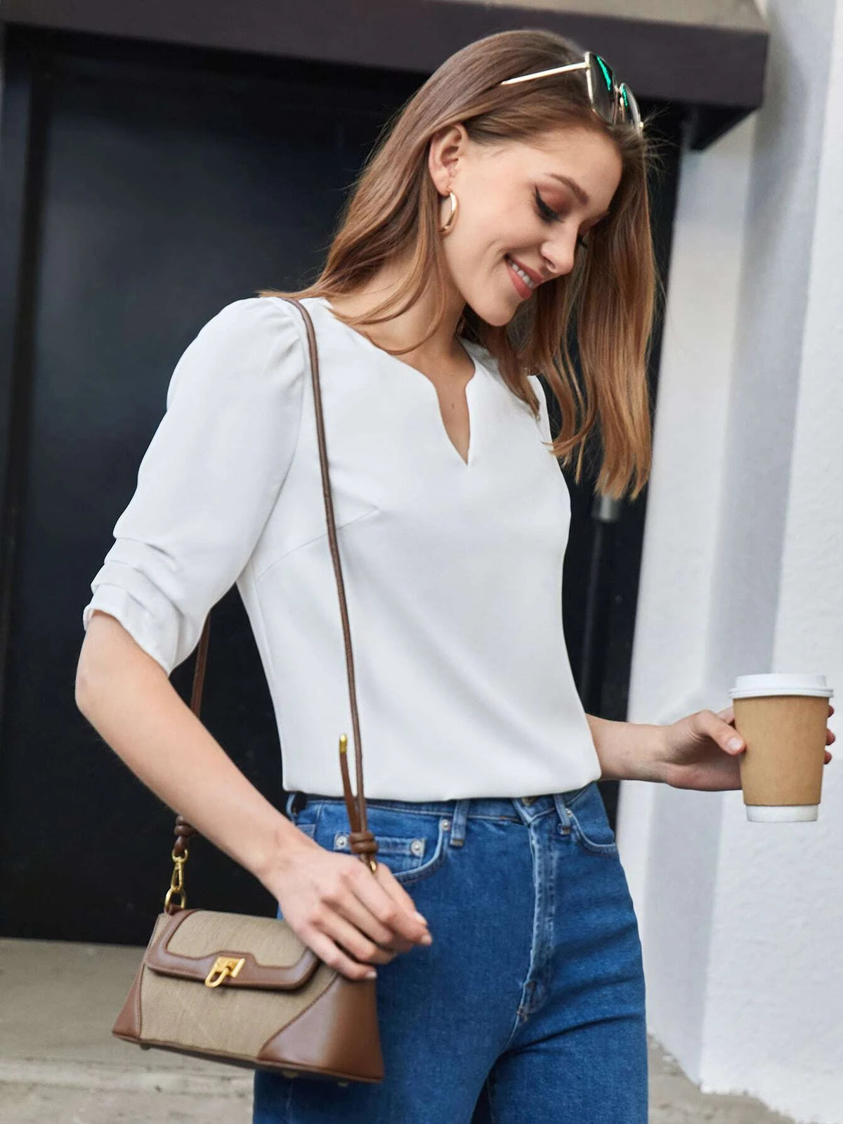 BIZwear Solid Notched Neck Puff Sleeve Blouse