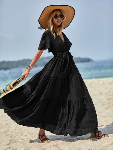 EMERY ROSE Solid Ruffle Hem Belted Dress