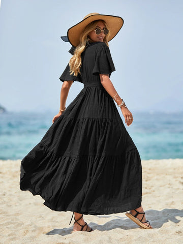 EMERY ROSE Solid Ruffle Hem Belted Dress