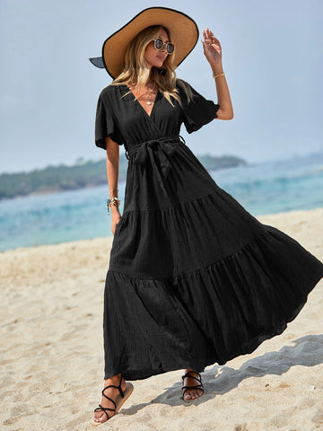 EMERY ROSE Solid Ruffle Hem Belted Dress