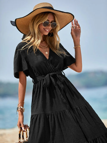 EMERY ROSE Solid Ruffle Hem Belted Dress