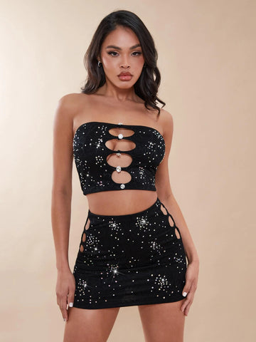 Rhinestone Cut Out Tube Top & Bodycon Skirt