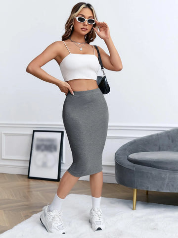 EZwear Solid Ribbed Knit Pencil Skirt
