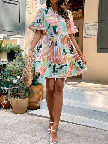 EMERY ROSE Brush Print Flounce Sleeve Ruffle Hem Smock Dress