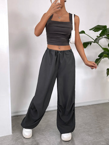 Solid Ruched Crop Tank Top & Drawstring Waist Pants