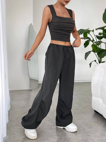 Solid Ruched Crop Tank Top & Drawstring Waist Pants