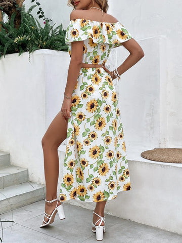 Allover Floral Print Off Shoulder Ruffle Trim Top & Split Thigh Skirt