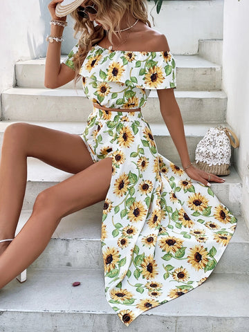 Allover Floral Print Off Shoulder Ruffle Trim Top & Split Thigh Skirt