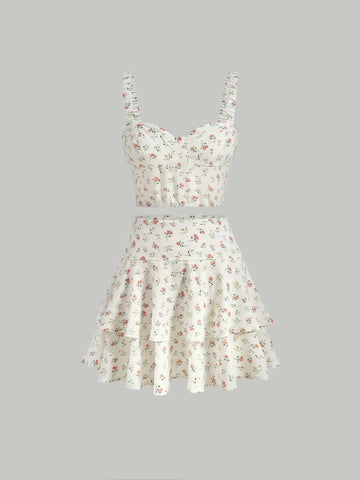 Ditsy Floral Print Cami Top & Two Layer Hem Skirt