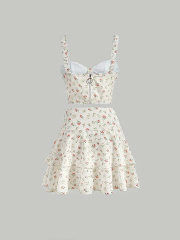 Ditsy Floral Print Cami Top & Two Layer Hem Skirt