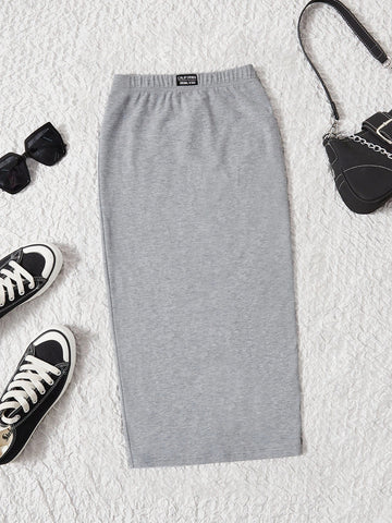 EZwear Letter Patched Detail Split Back Pencil Skirt