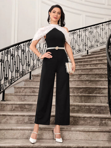 Fringe Trim Foldover Cold Shoulder Jumpsuit Without Belt