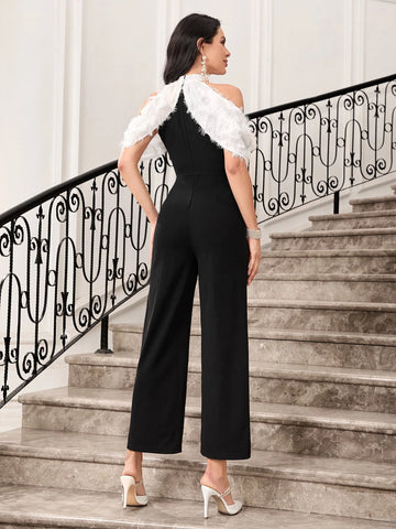 Fringe Trim Foldover Cold Shoulder Jumpsuit Without Belt